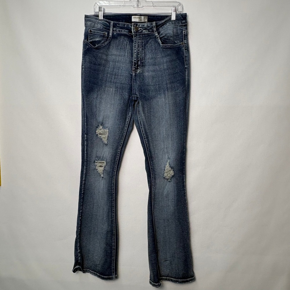 Celebrity Ace Womens Distressed Bootcut Jeans Size 14 Dark Wash Ripped Denim